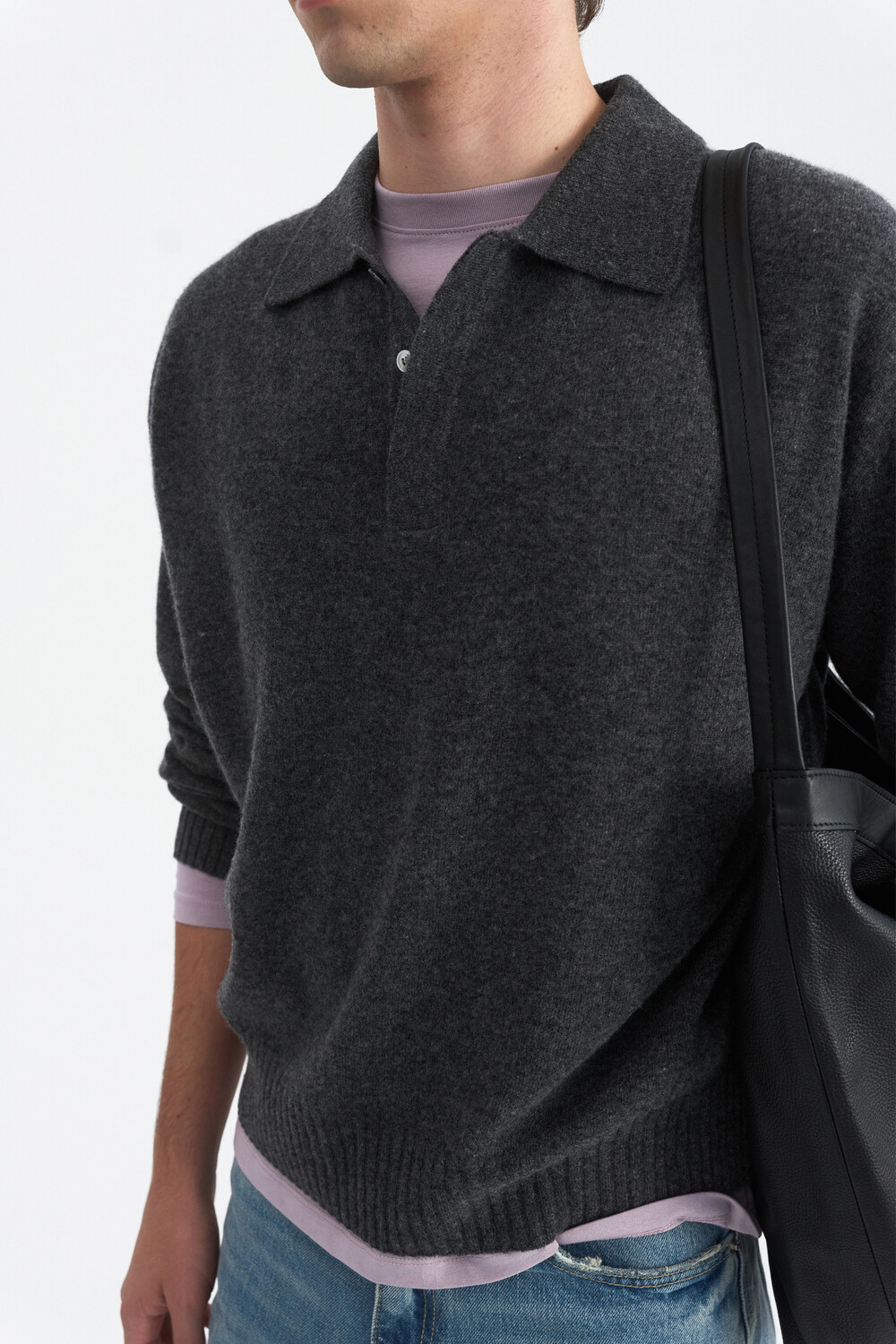 [WINDER] MERINO WOOL HIDDEN POLO SWEATER -DARK GREY