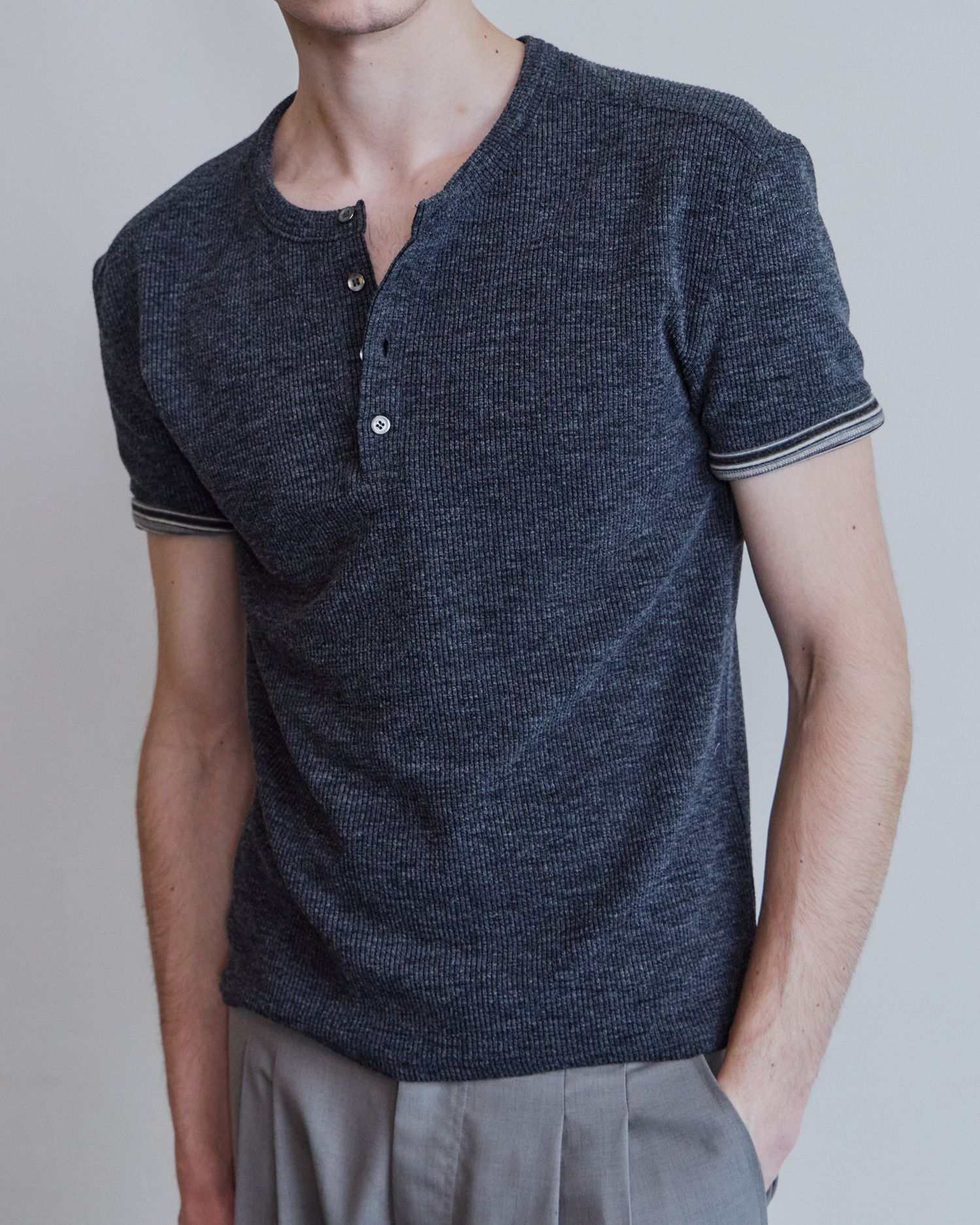 [WAVINESS] Ribbed Layered Henley-Neck T-shirts - Charcoal
