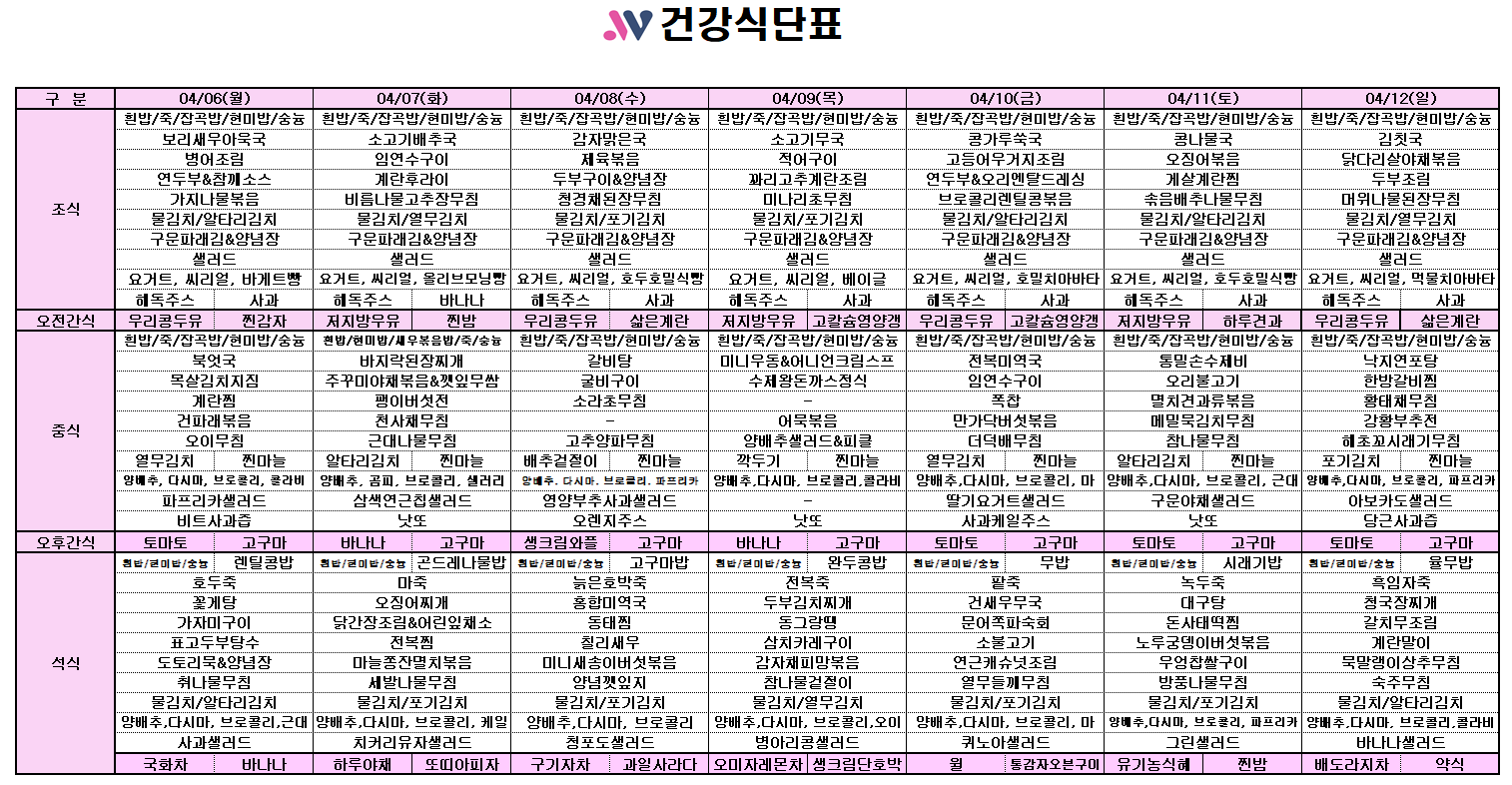 4월 2주차 식단표 : 동원요양병원