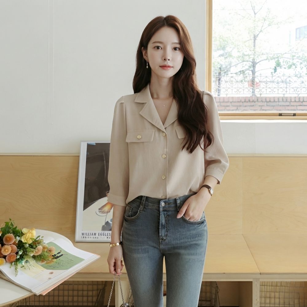 7부 가슴 포켓 카라 블라우스 단정한 데일리 브라우스