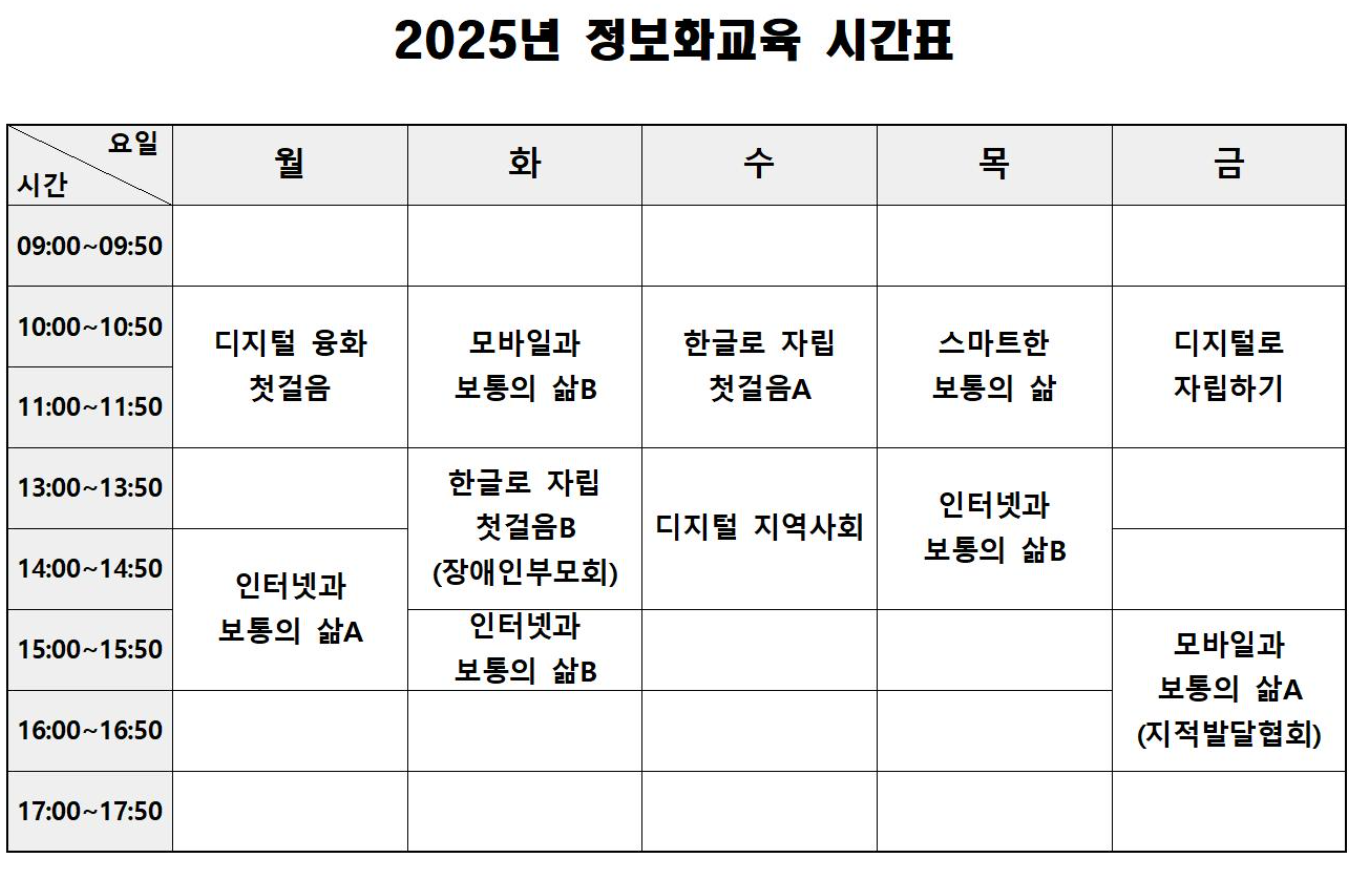 [탐라장애인종합복지관] 2025년 장애인 집합정보화교육 프로그램 시간표 