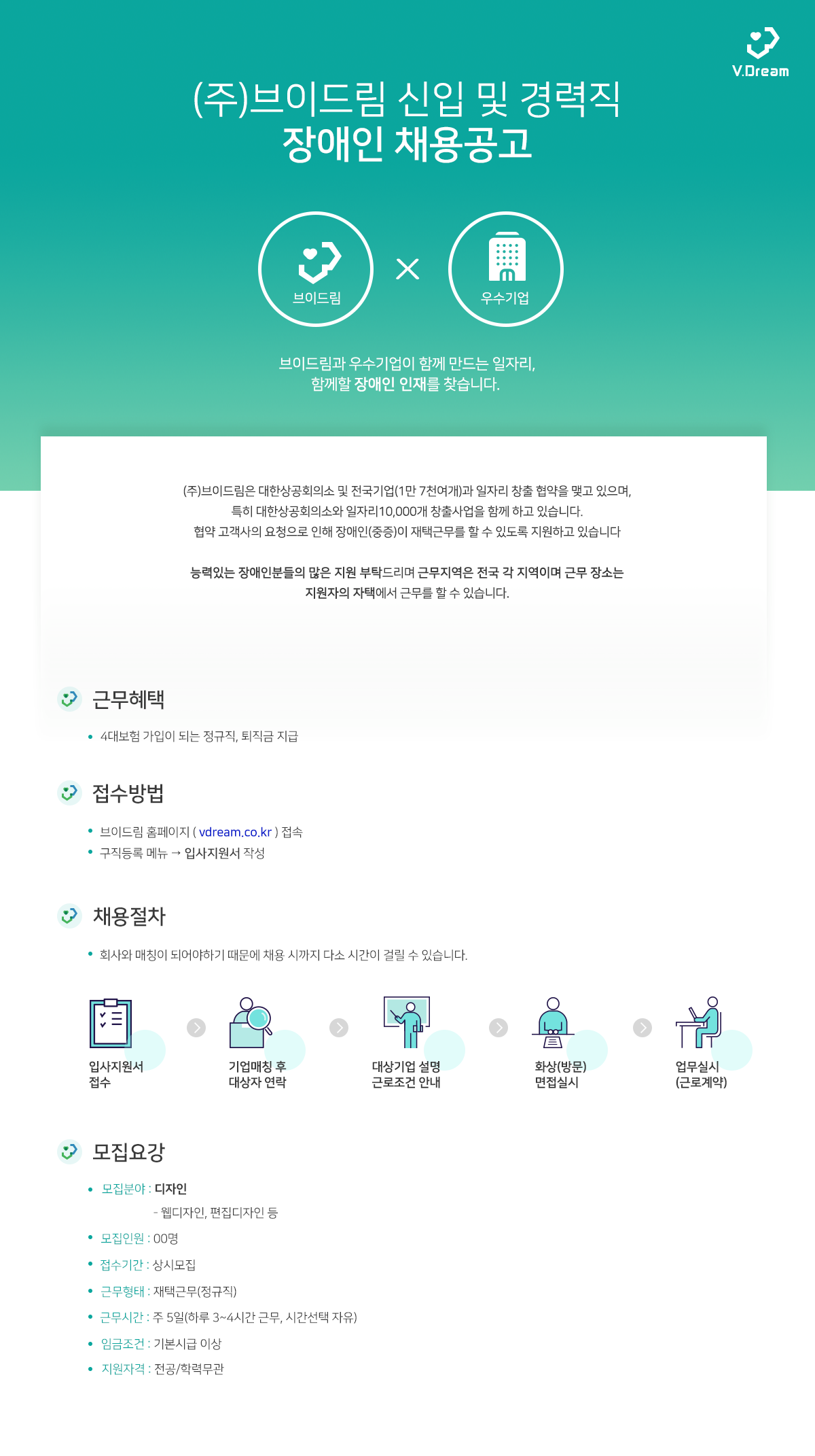 주)브이드림 신입 및 경력직 장애인 채용공고(상시 재택근무 디자인부문) : 구인/구직하기 주)브이드림 신입 및 경력직 장애인 채용공고(상시 재택근무 디자인부문) : 구인/구직하기