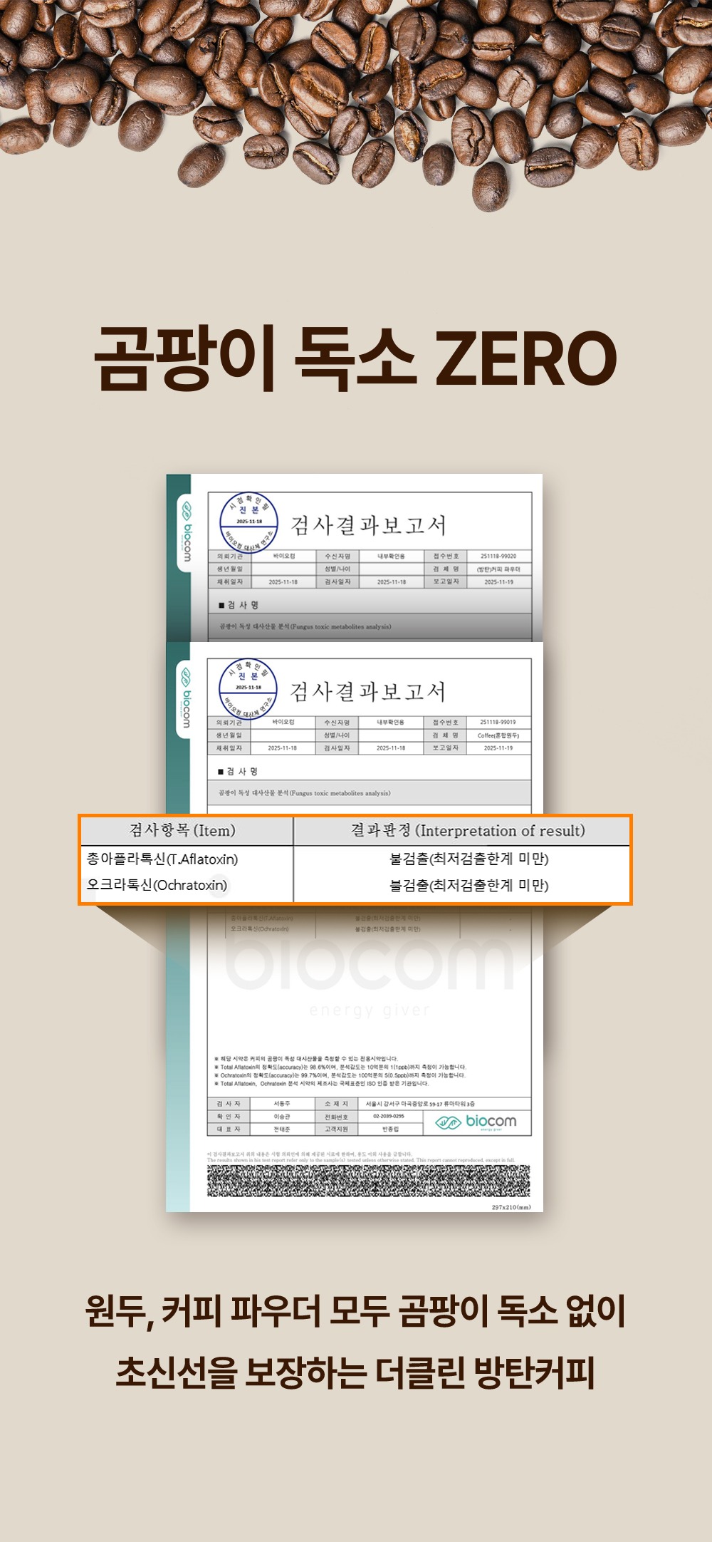 곰팡이독소 ZERO 검사결과보고서, 원두와 커피 파우더 모두 총 아플라톡신과 오크라톡신 불검출, 초신선을 보장하는 더클린 방탄커피 시험성적서