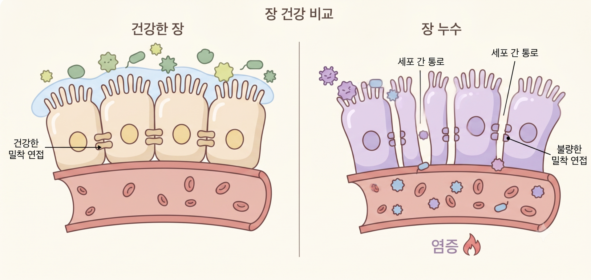 건강한 장벽과 장 누수가 생긴 장벽 비교 @gemini