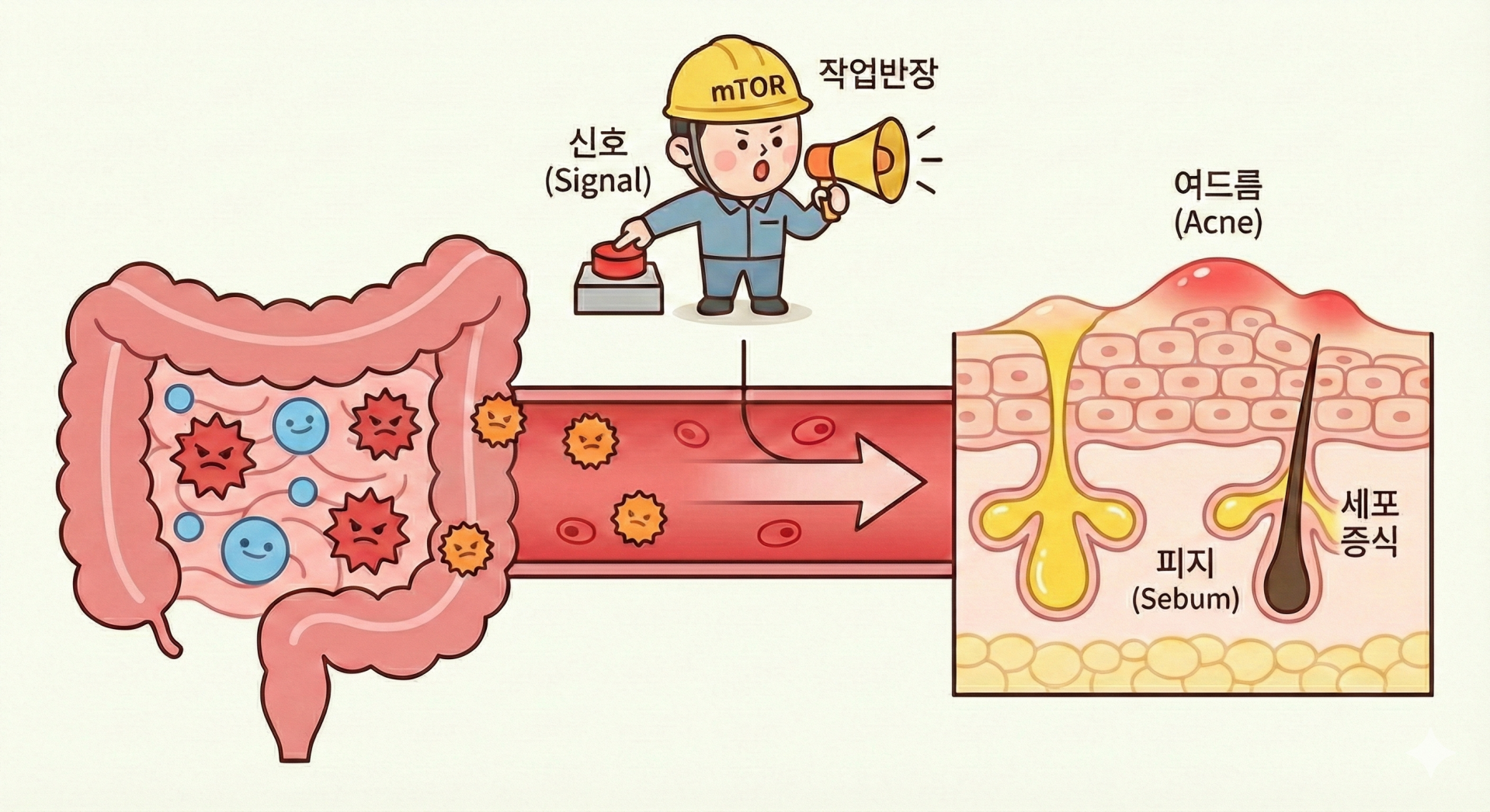 장내 세균 균형이 무너졌을 때 피부에 여드름이 생기는 과정 @nano banana.png