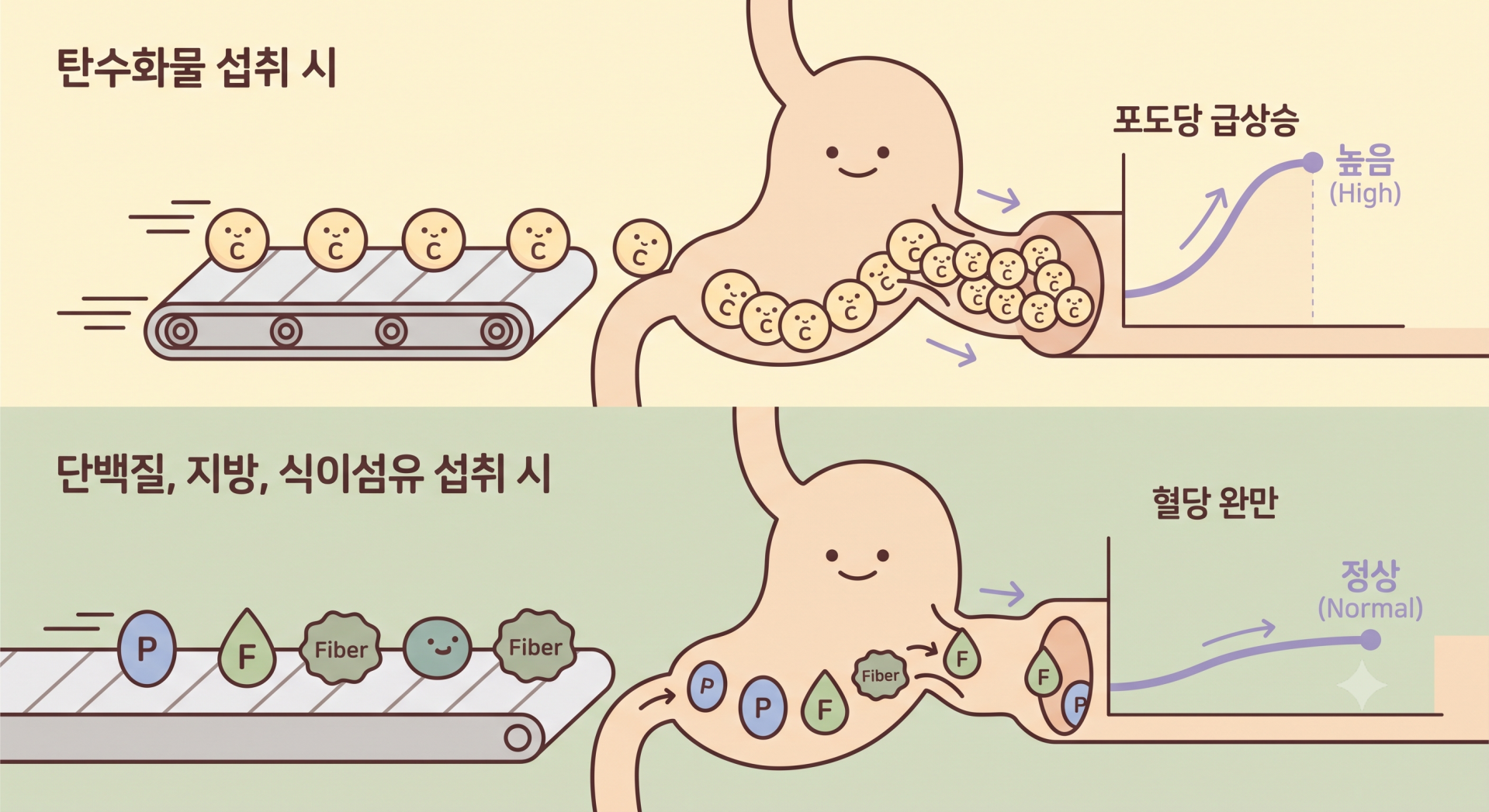 탄수화물과 단백질·지방 이 위에 들어왔을 때 차이점 @nano banana
