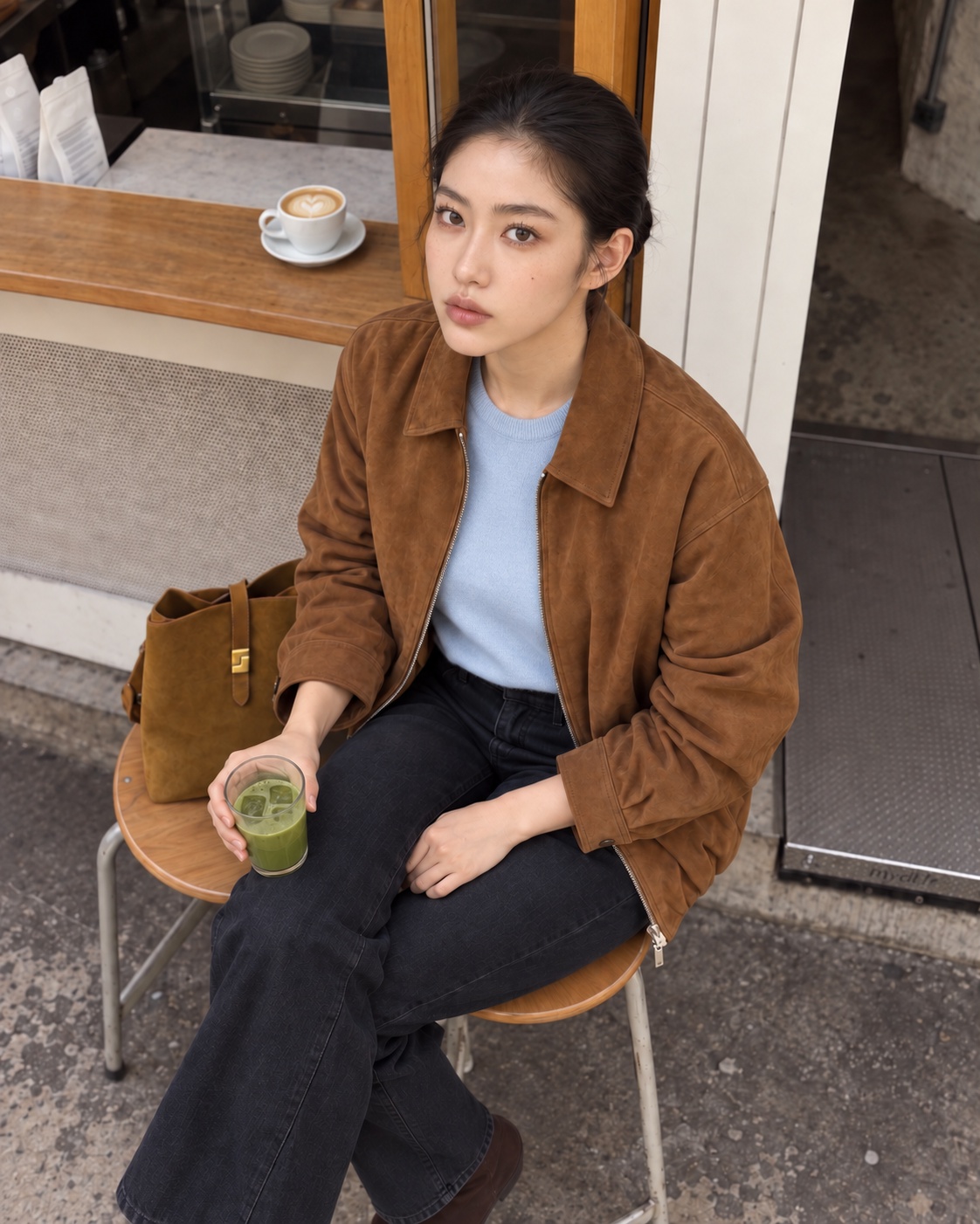 스웨이드 집업 블루종 브라운 카페 화보