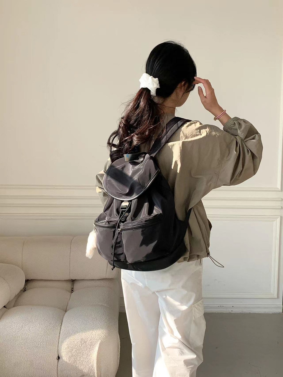 Nylon buckle string pocket daily backpack
