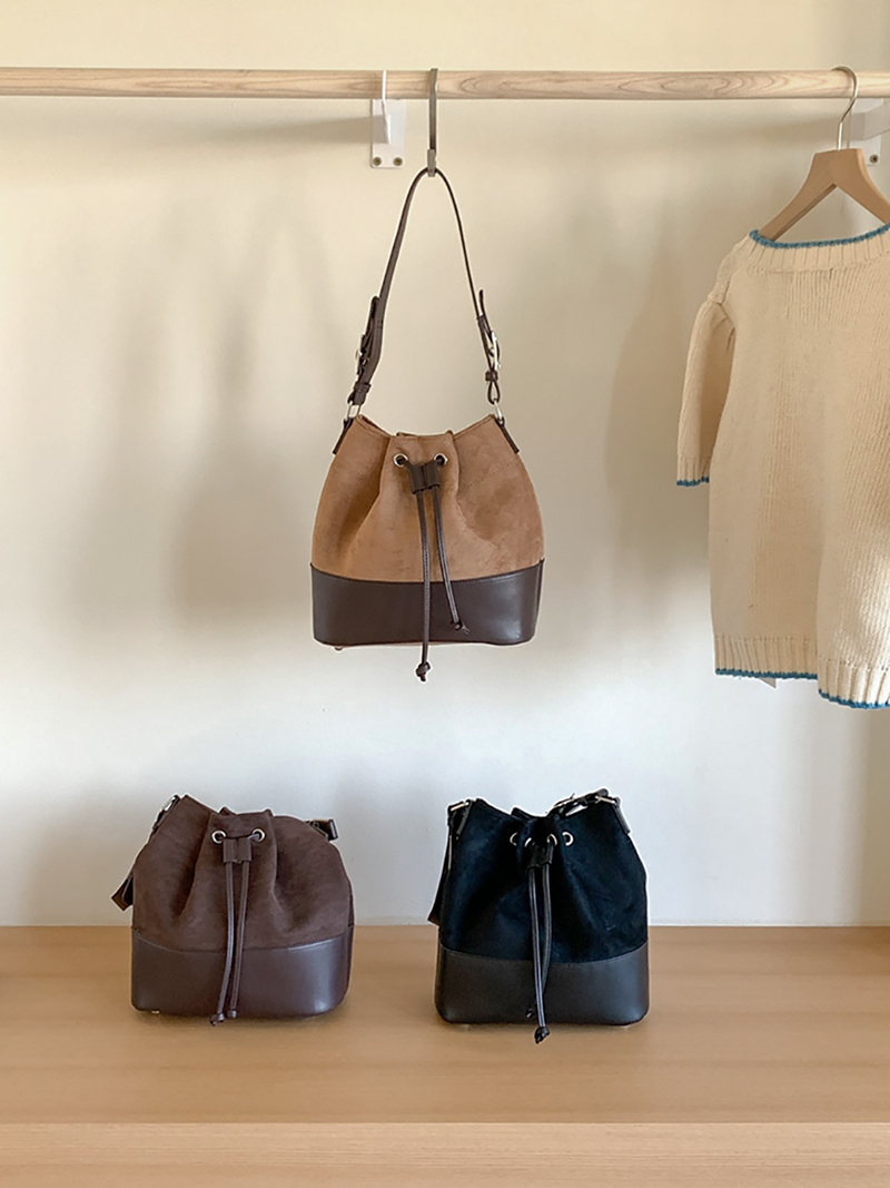 Suede Buckle Leather Bucket Bag/Shoulder Bag