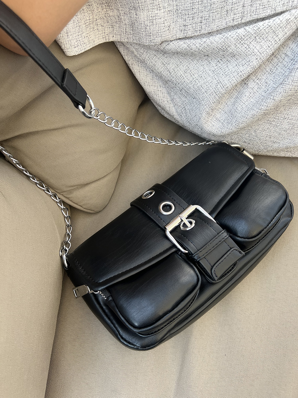 Eyelet Leather Belt Chain Mini Shoulder Bag