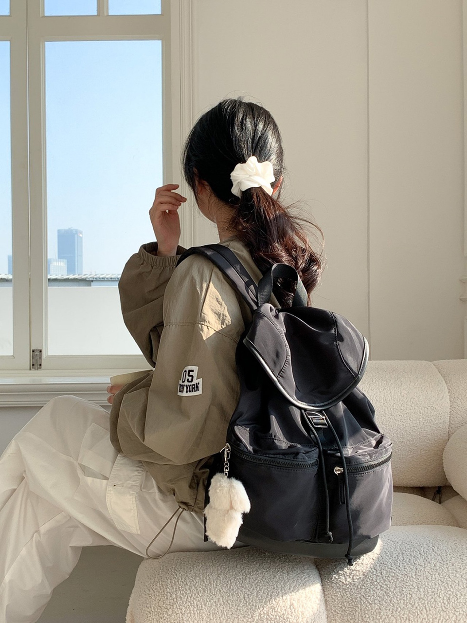 Nylon buckle string pocket daily backpack