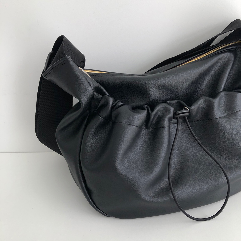Leather String Pocket Zip-Up Crossbody Bag