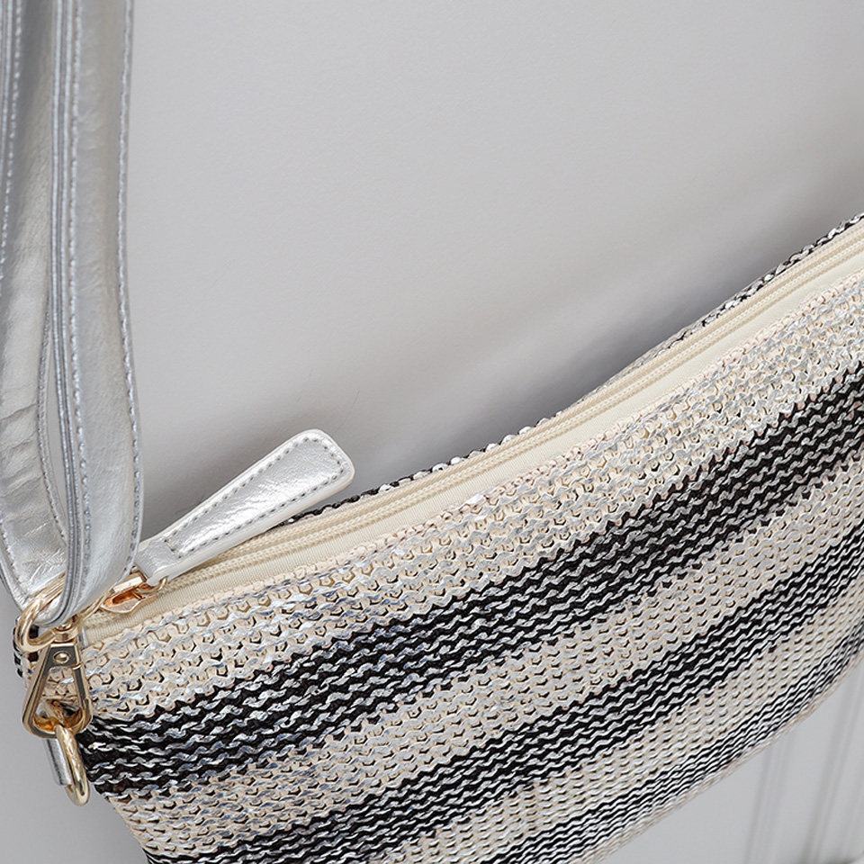 Silver striped rattan zipper cross clutch bag
