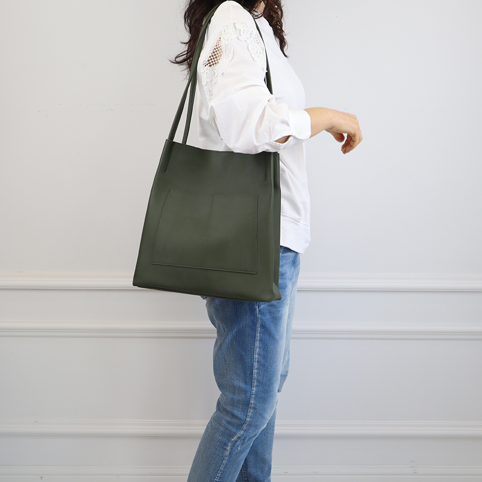 2-Pocket Square Leather Tote Bag/Shoulder Bag