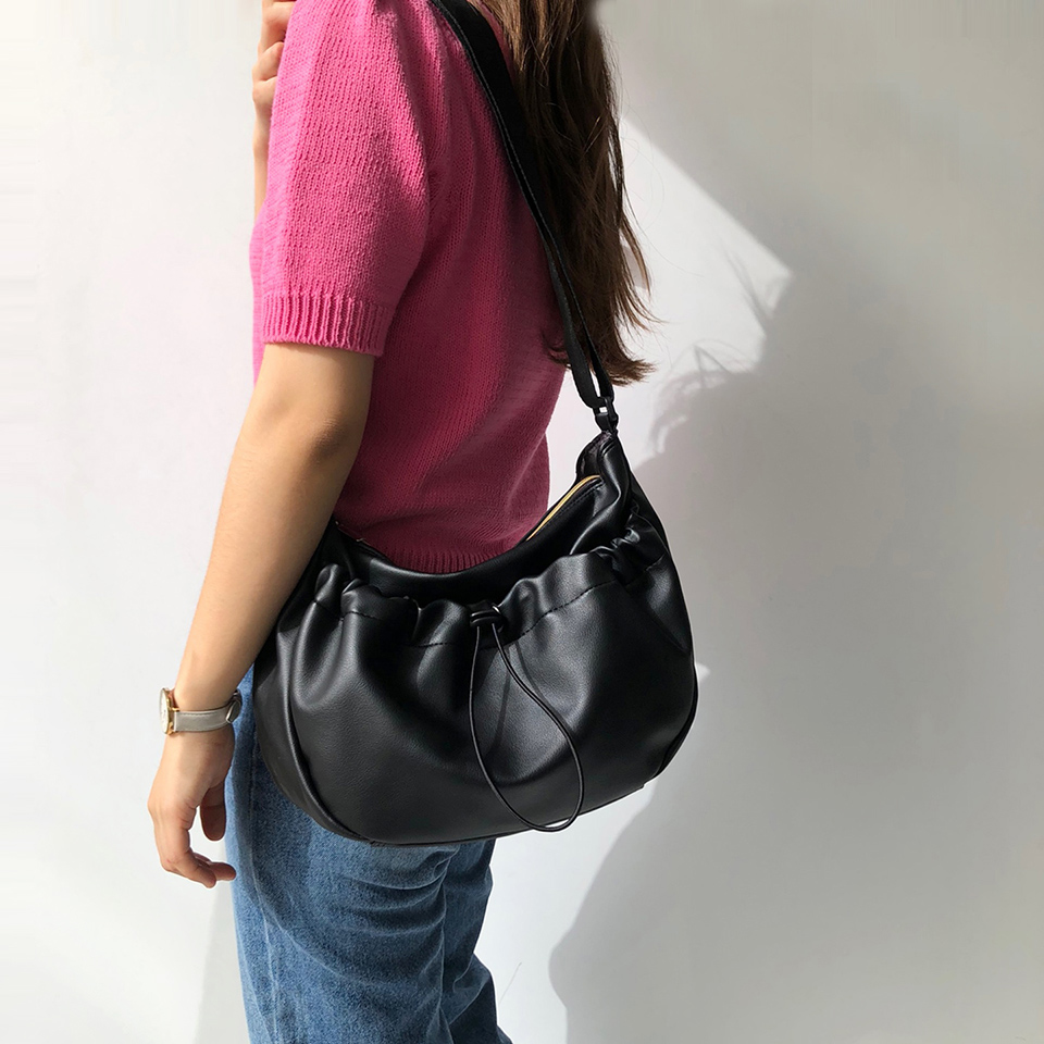 Leather String Pocket Zip-Up Crossbody Bag