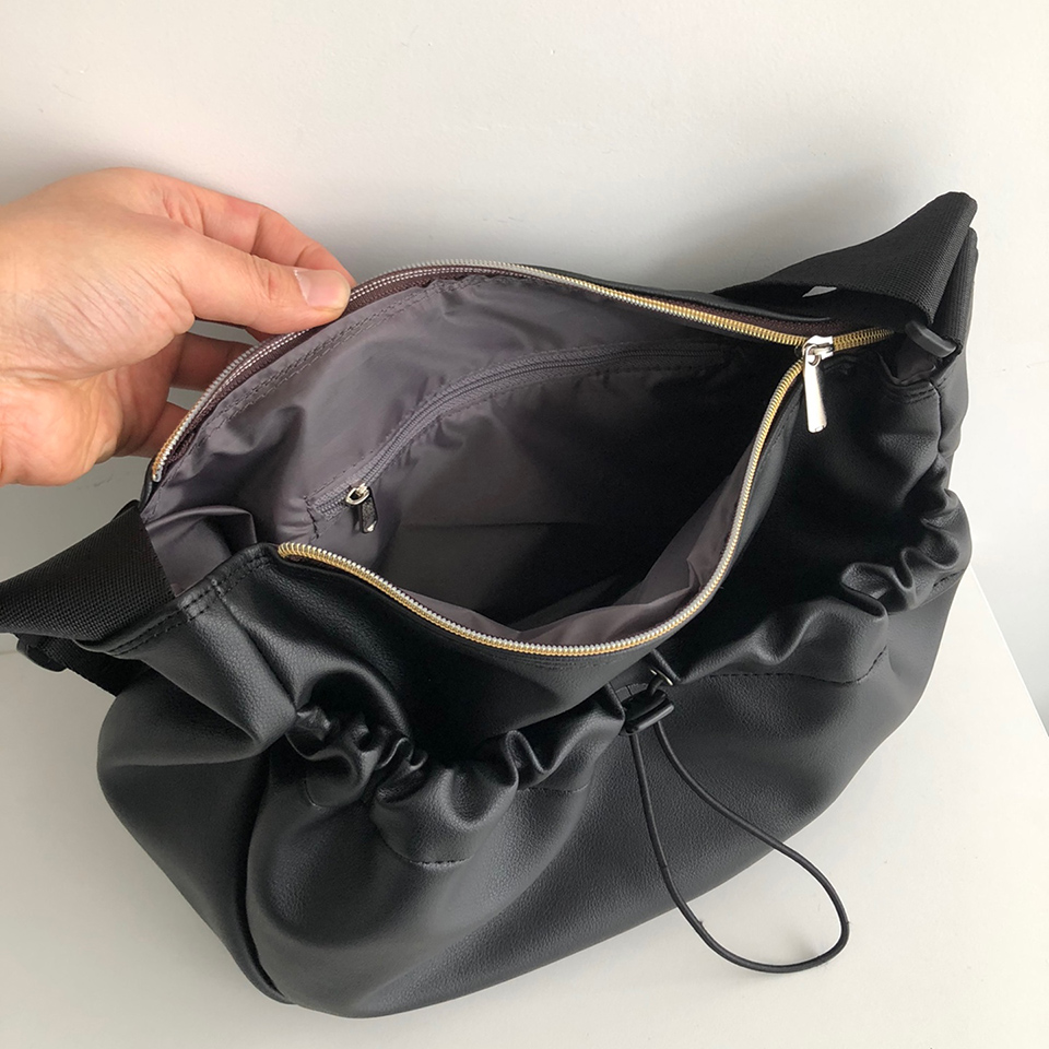 Leather String Pocket Zip-Up Crossbody Bag