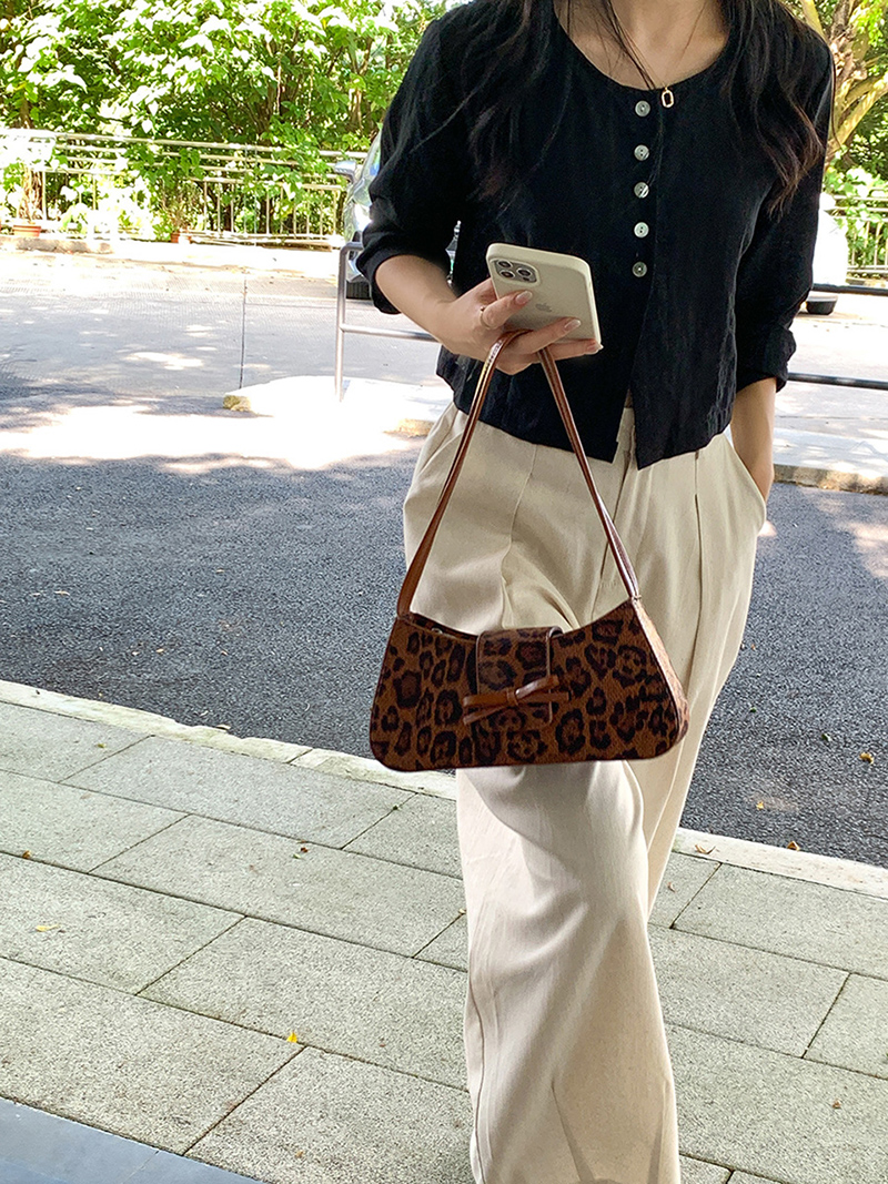 [2 colors] Leopard Ribbon Leather Tote Bag/Shoulder Bag