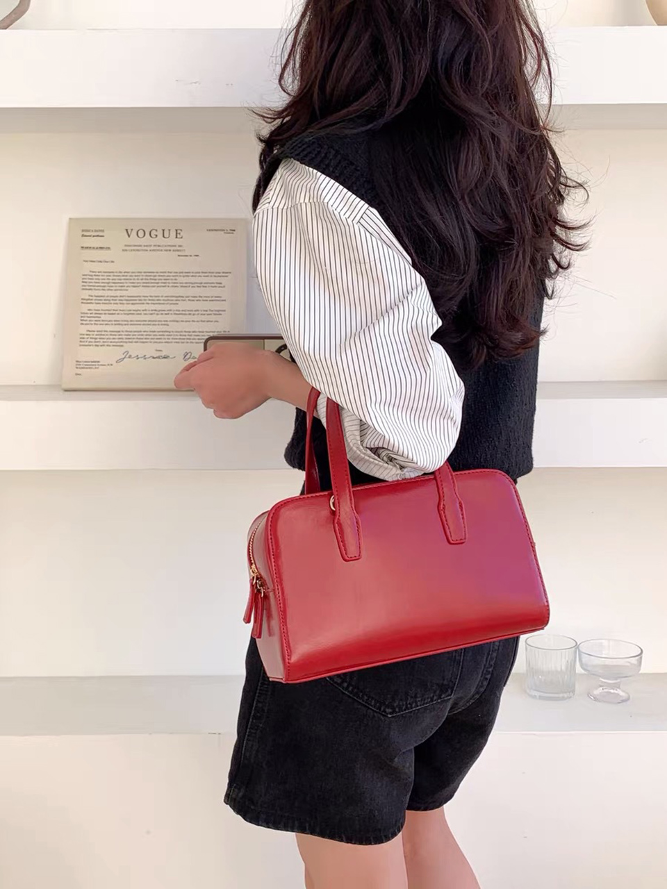Square zip-up leather tote bag (4 colors)
