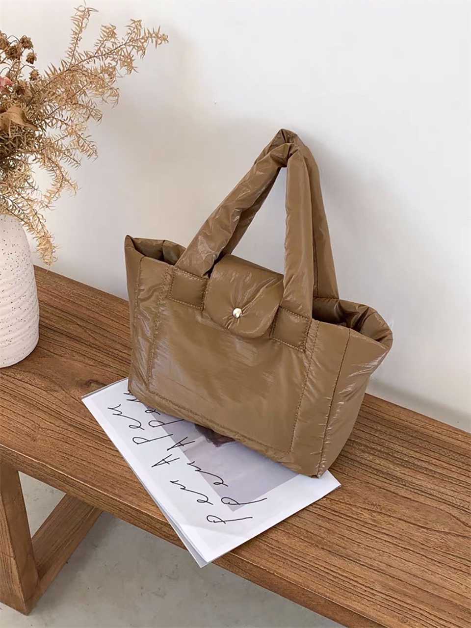 Aston Glossy Nylon Down Button Tote Bag