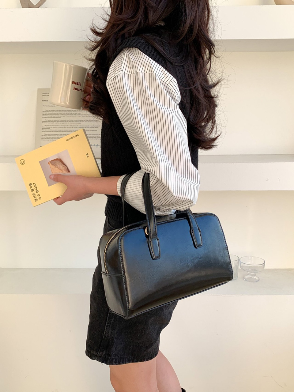 Square zip-up leather tote bag (4 colors)