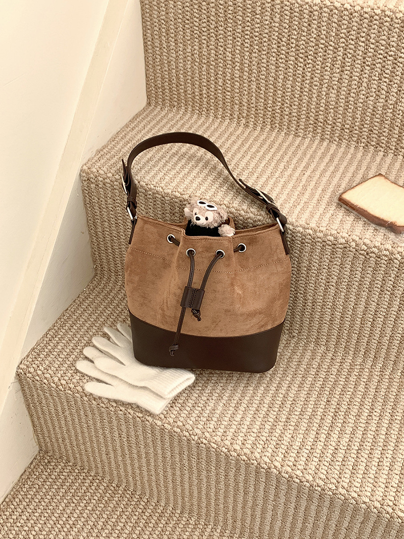 Suede Buckle Leather Bucket Bag/Shoulder Bag