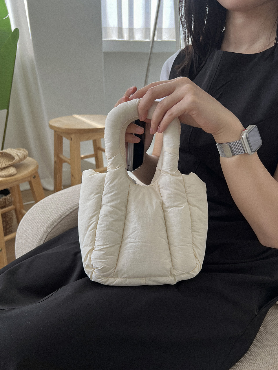 Nylon quilted chain mini tote bag
