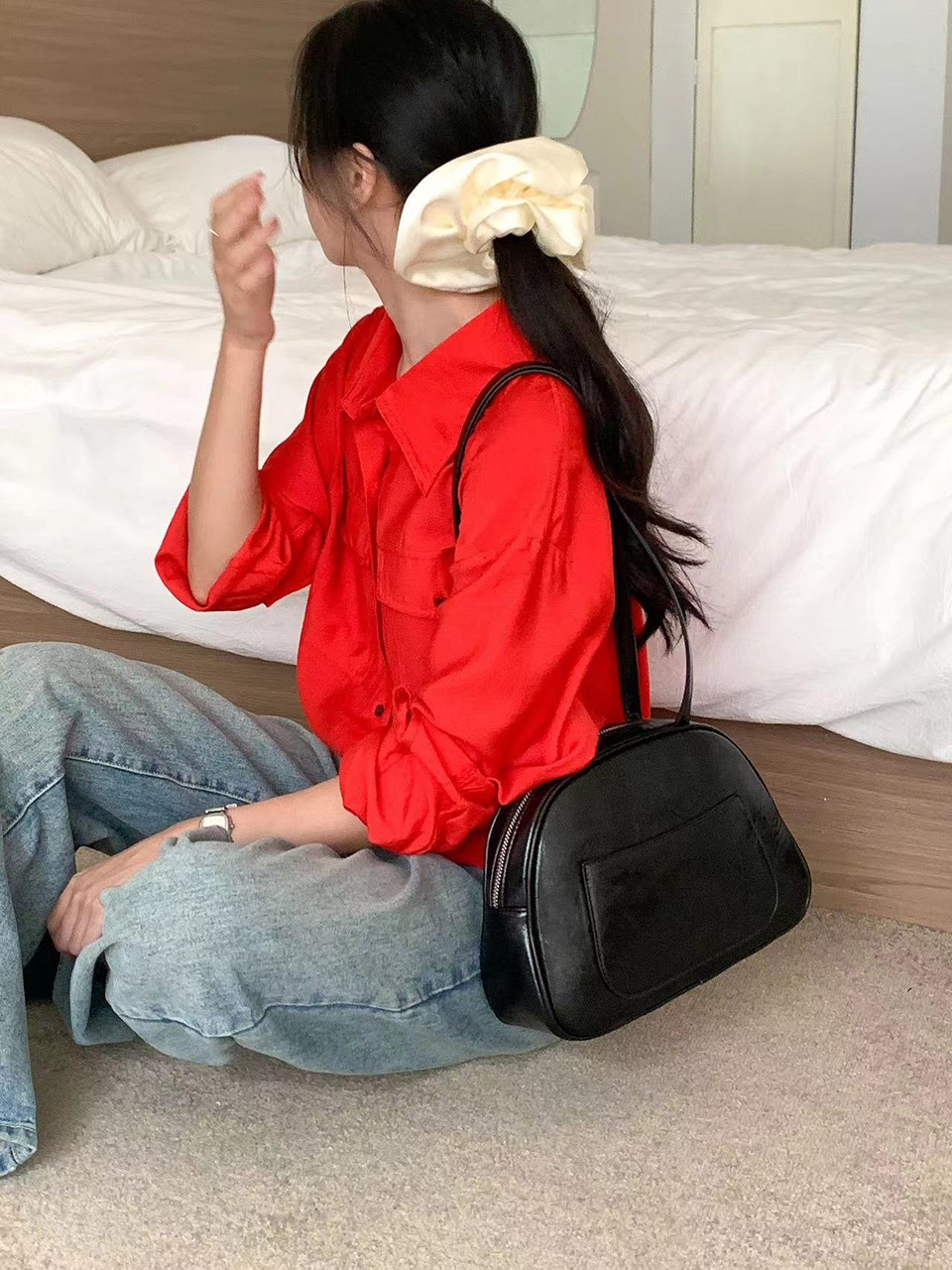 Cracked Round Leather Tote Bag/Shoulder Bag