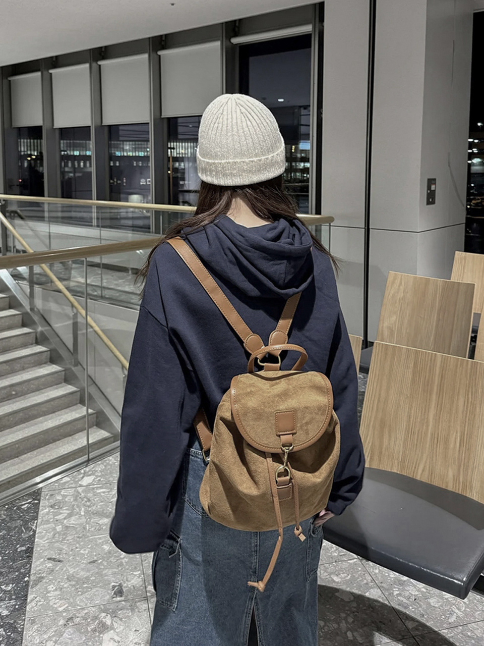 Suede String Buckle Bucket Bag/Backpack