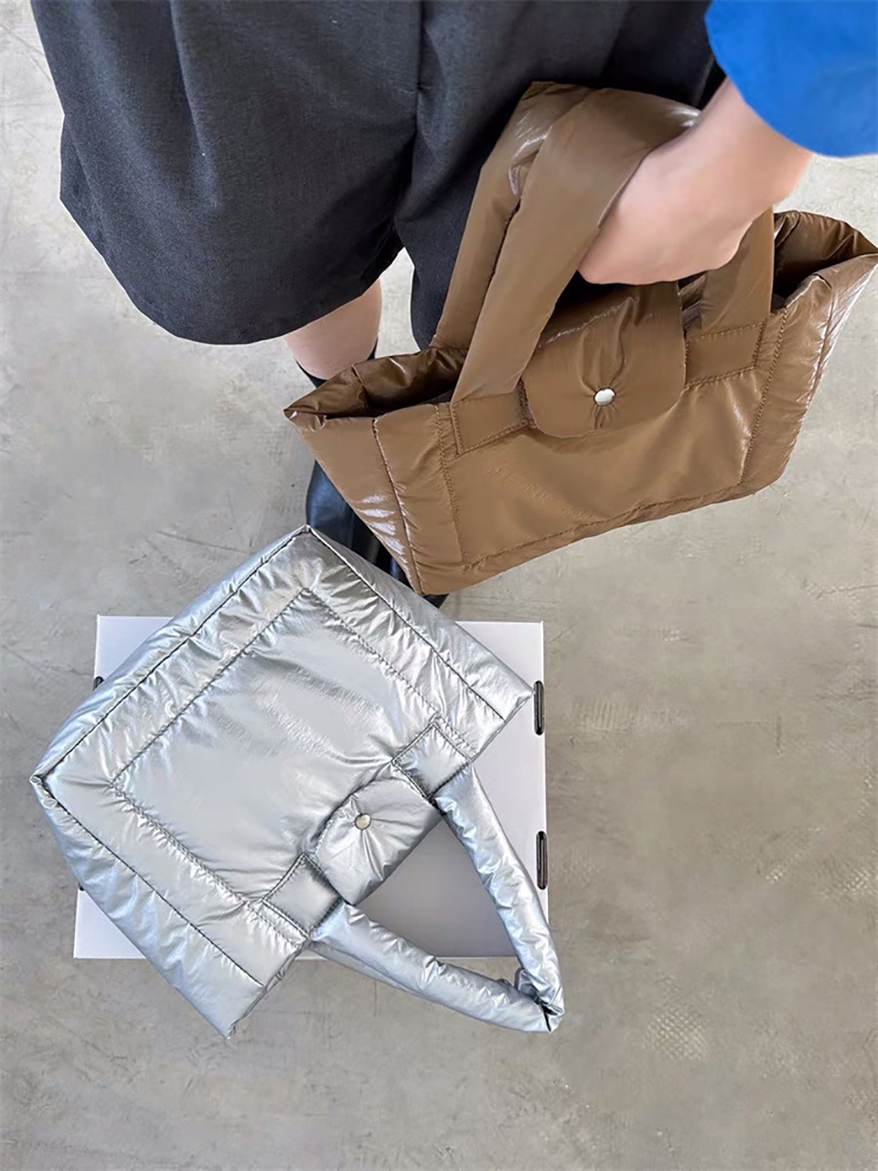 Aston Glossy Nylon Down Button Tote Bag