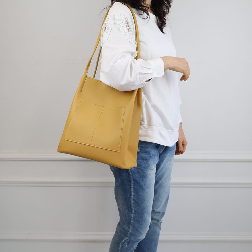 2-Pocket Square Leather Tote Bag/Shoulder Bag