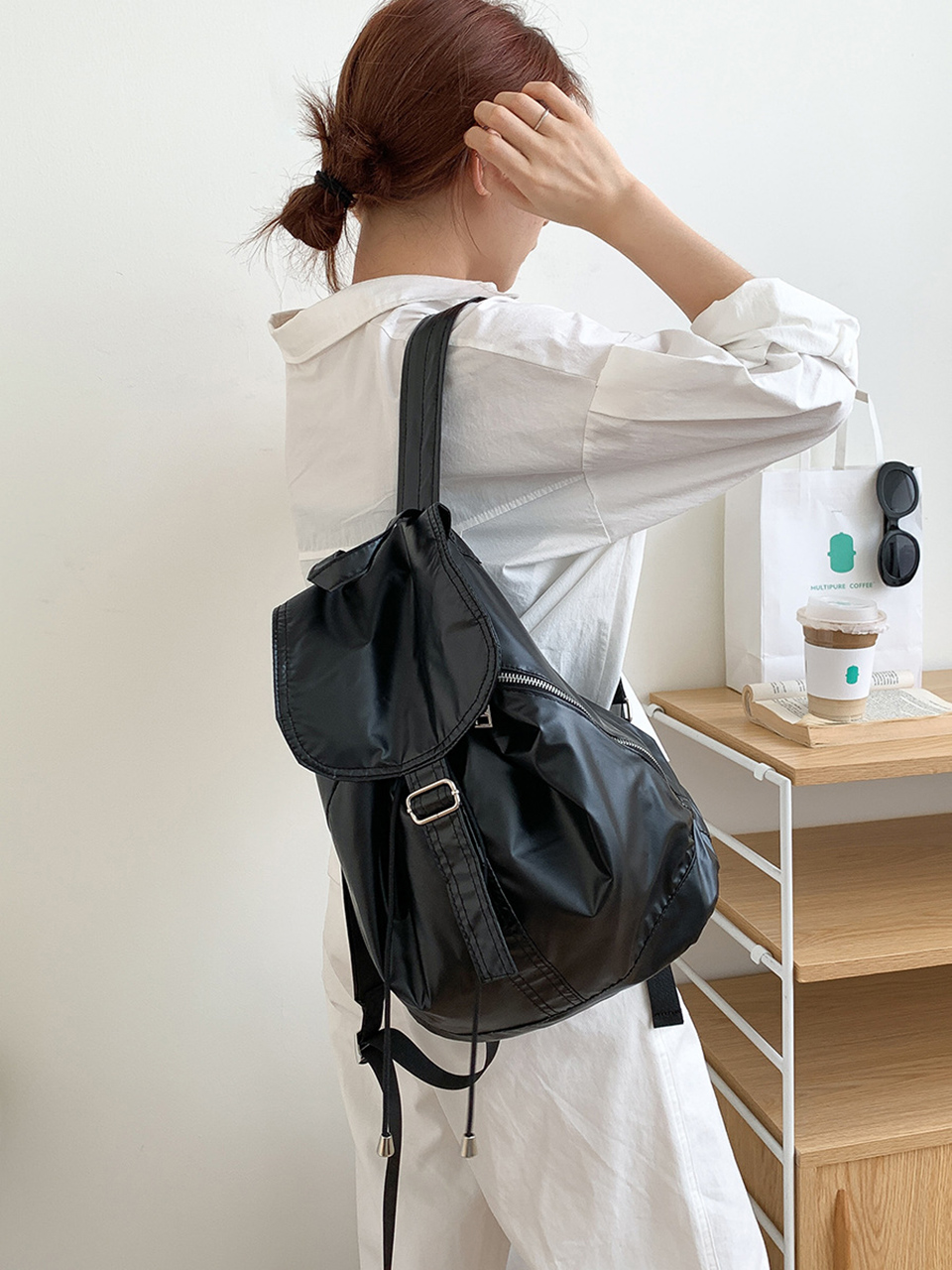Metal buckle side zip-up nylon backpack (2 colors)