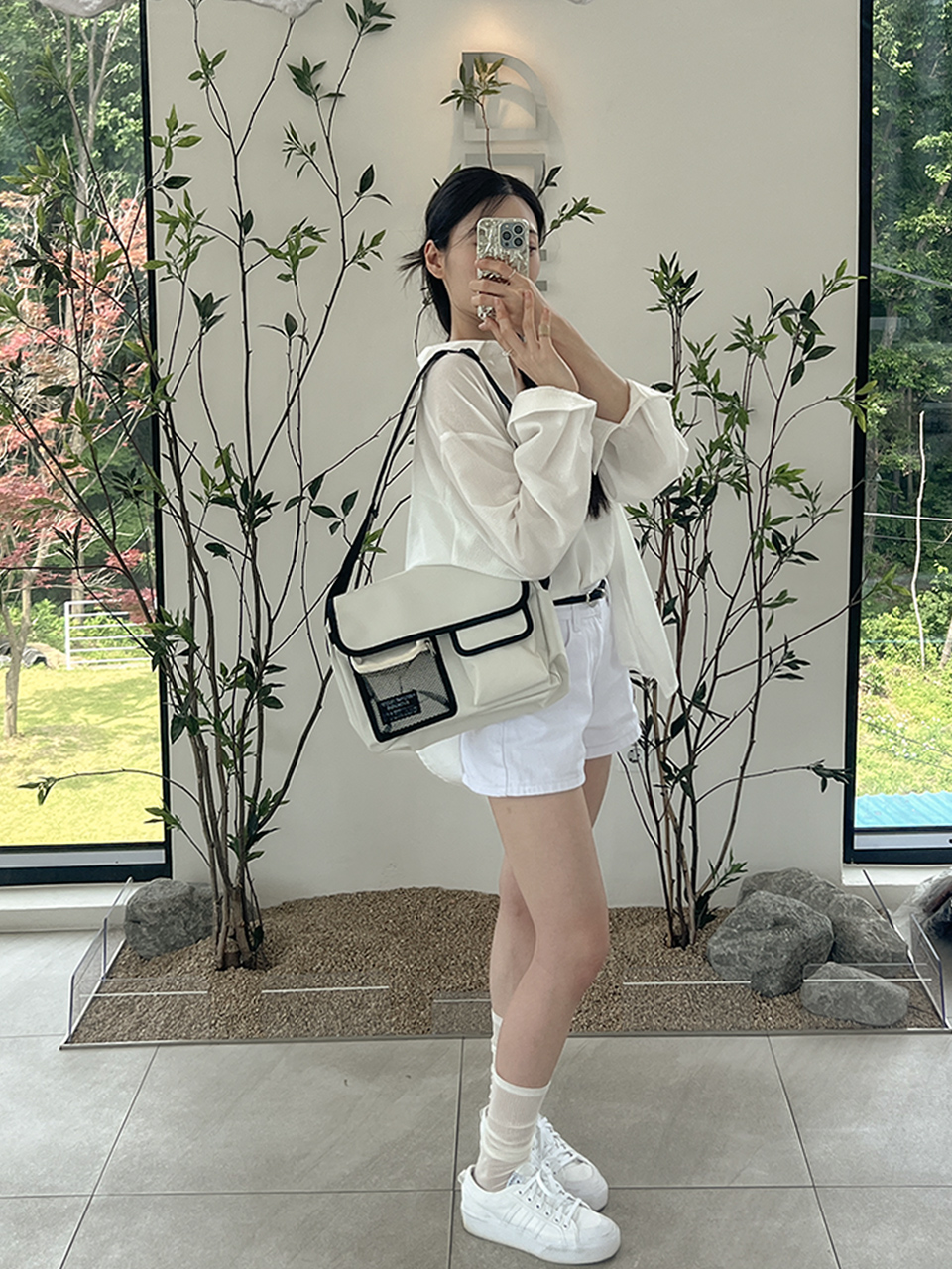 Canvas Mesh Zip-Up Pocket Messenger Bag