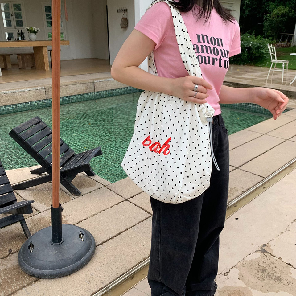 [3 colors] Dot Lettering String Bucket Bag