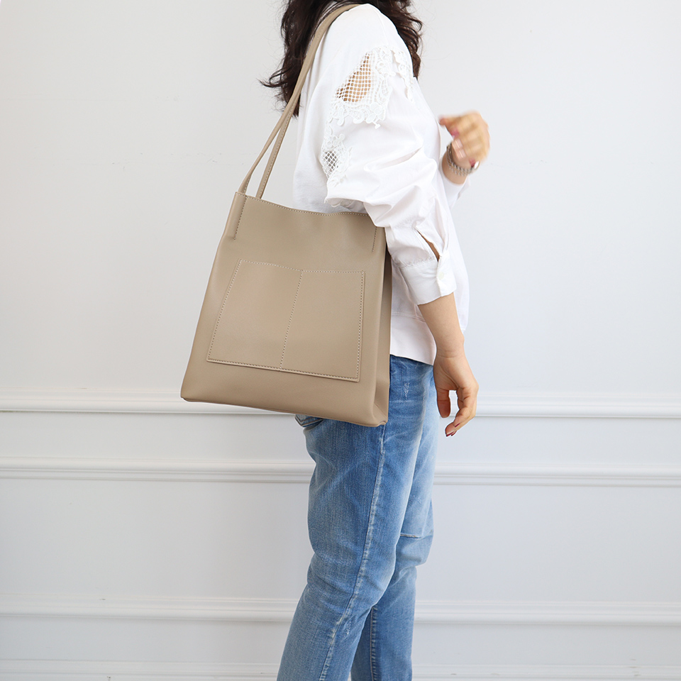 2-Pocket Square Leather Tote Bag/Shoulder Bag