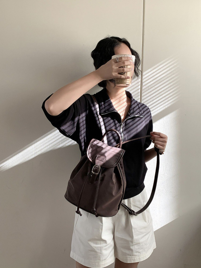Buckle Faux Leather Nylon Mini Backpack (4 colors)