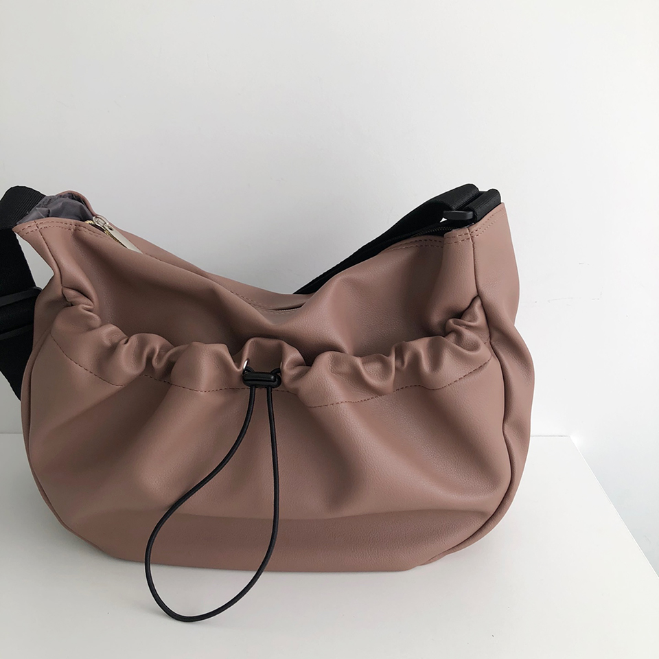 Leather String Pocket Zip-Up Crossbody Bag