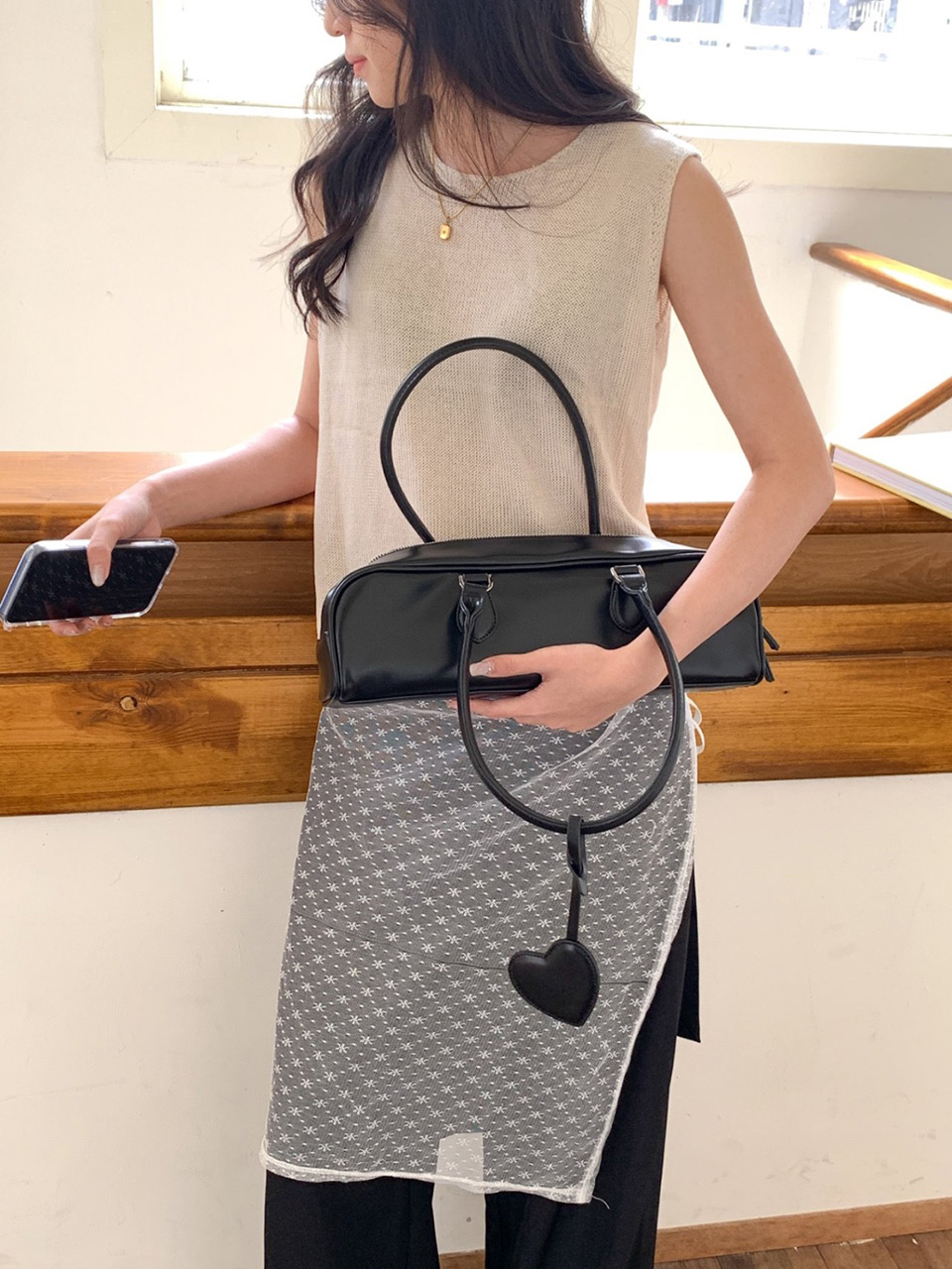 Heart Charm Square Leather Shoulder Bag