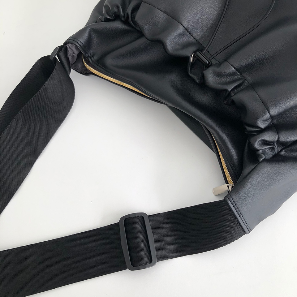 Leather String Pocket Zip-Up Crossbody Bag