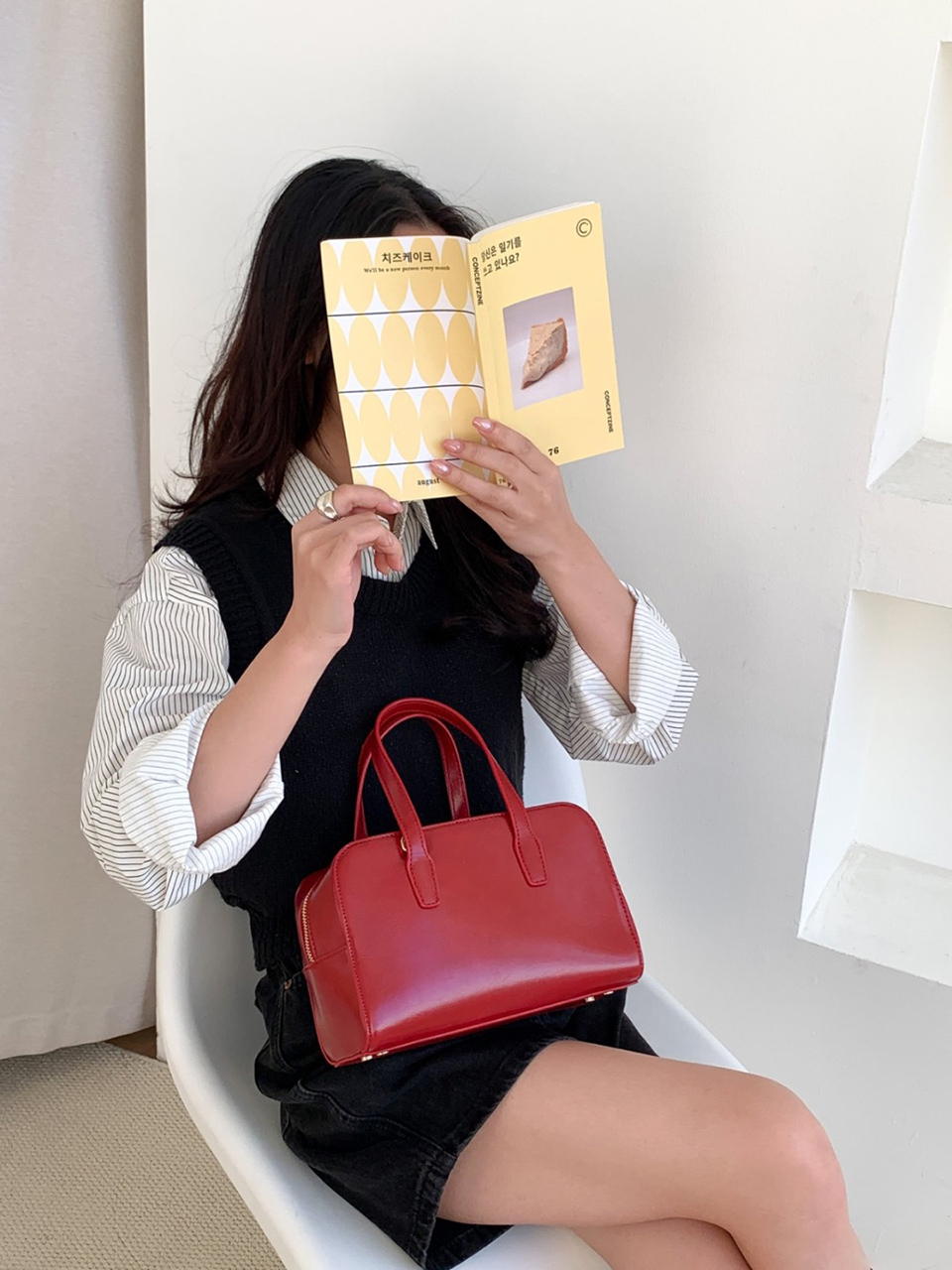 Square zip-up leather tote bag (4 colors)