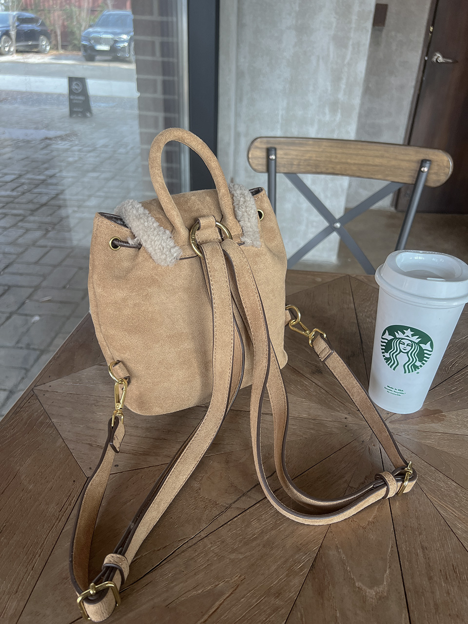 Suede pocket sheepskin bucket bag/mini backpack