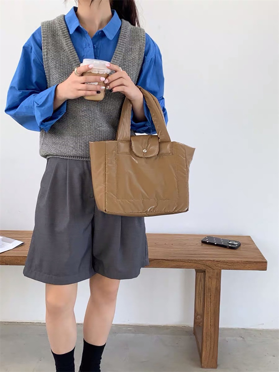 Aston Glossy Nylon Down Button Tote Bag