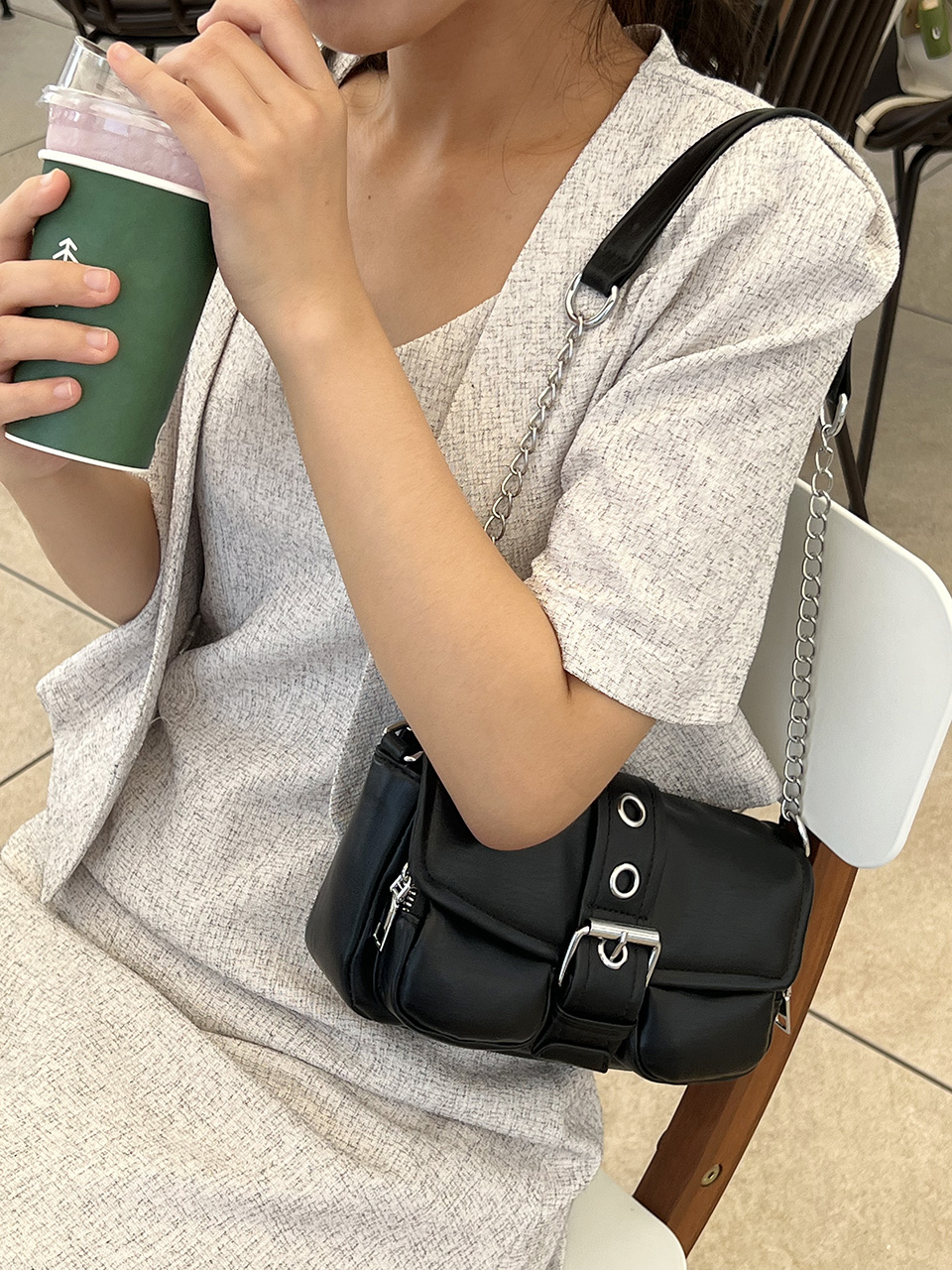 Eyelet Leather Belt Chain Mini Shoulder Bag