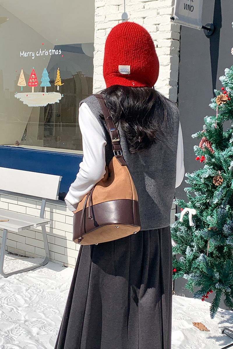 Suede Buckle Leather Bucket Bag/Shoulder Bag