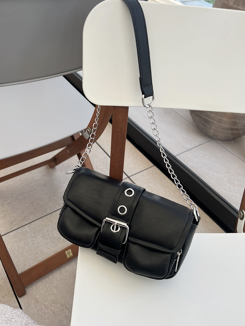 Eyelet Leather Belt Chain Mini Shoulder Bag