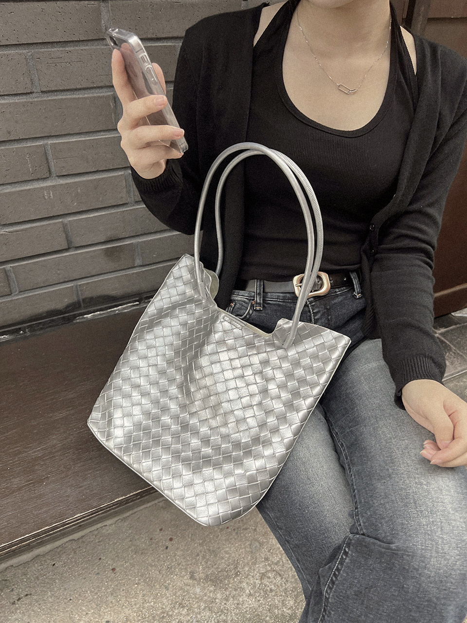 [Pouch Set] Classic Leather Square Tote Bag/Shoulder Bag