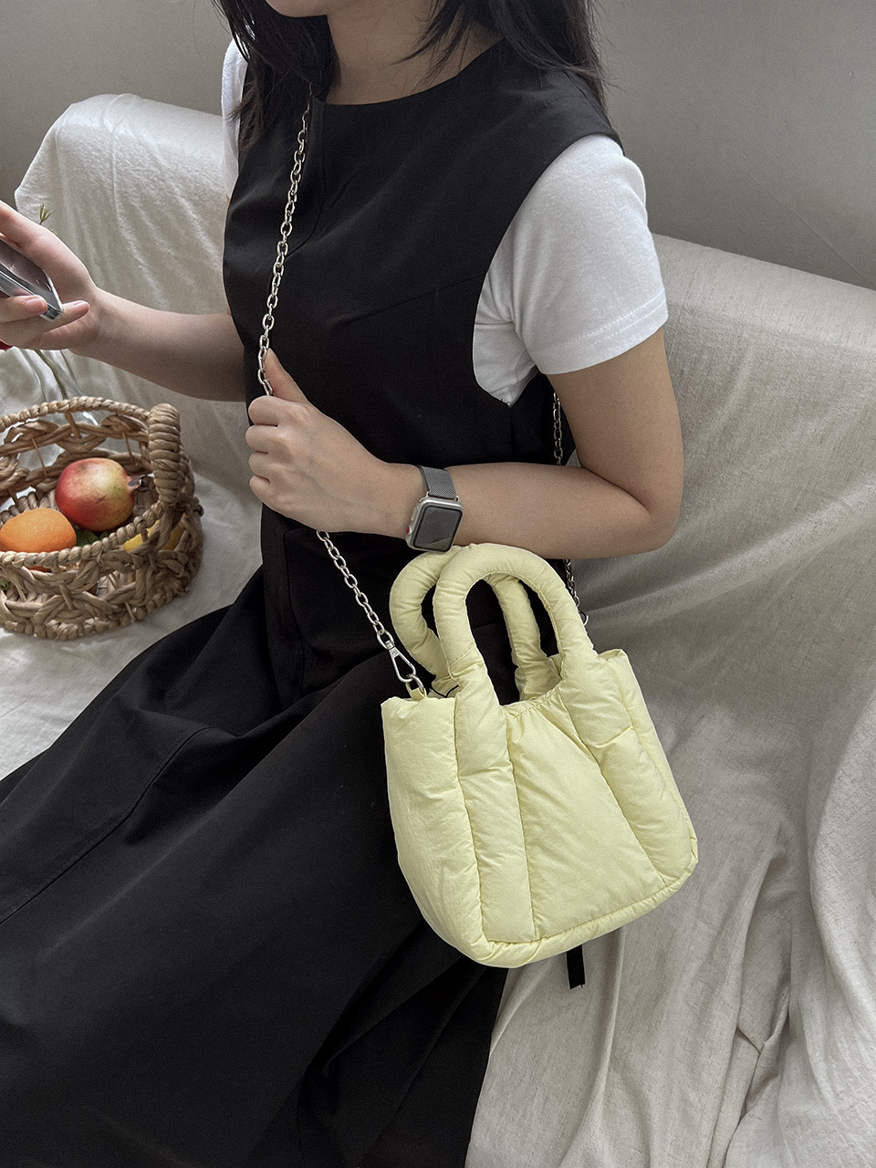 Nylon quilted chain mini tote bag