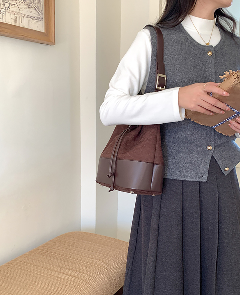 Suede Buckle Leather Bucket Bag/Shoulder Bag
