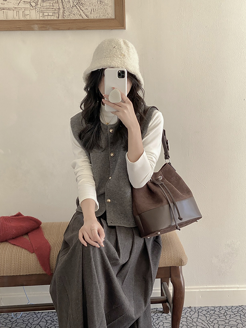 Suede Buckle Leather Bucket Bag/Shoulder Bag