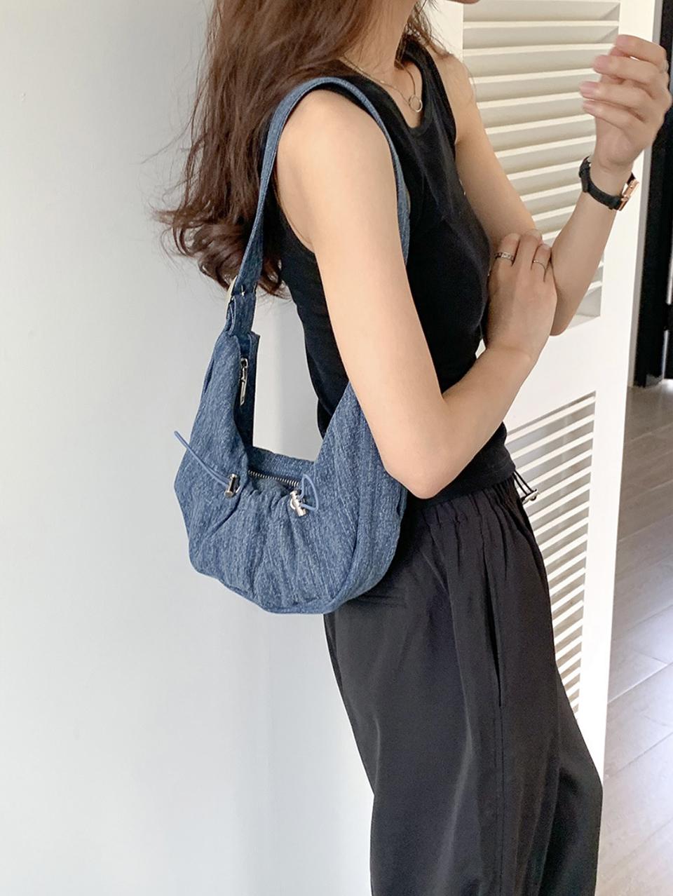 Ditto Cross Silver Denim Shirred Shoulder Bag