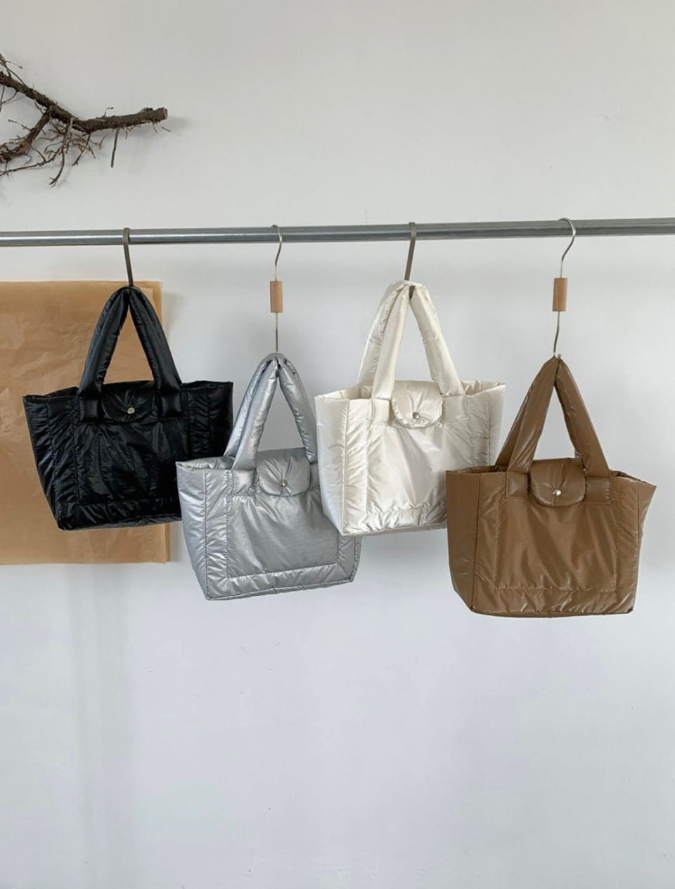Aston Glossy Nylon Down Button Tote Bag